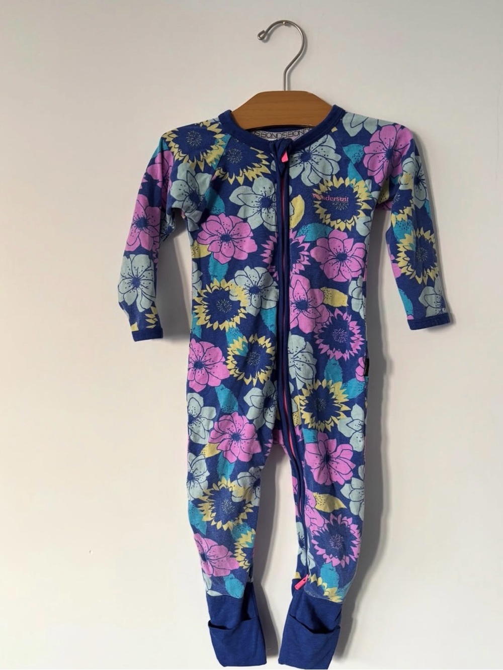 Bonds Navy Floral Kids One-Piece Pajamas with Pink and Light Blue Flowers